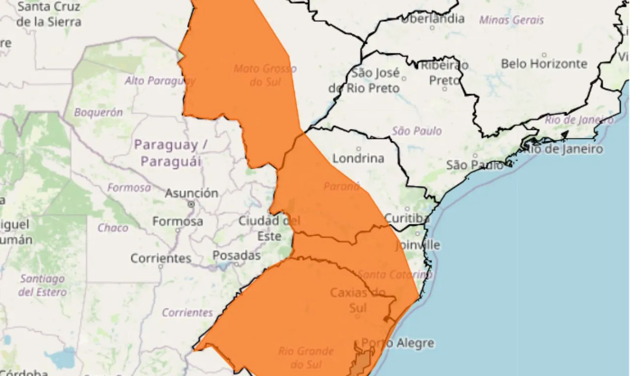 o mapa mostra as áreas em alerta para tempestade chuva intensa e ventos 